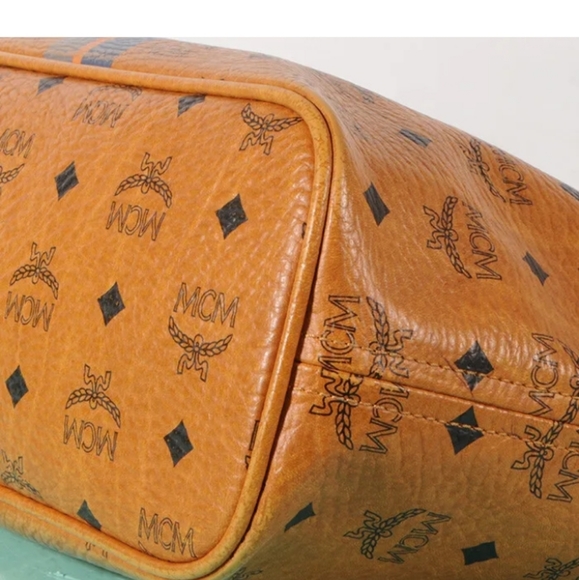 MCM Authentic Visetos  Shopper Tote Bag Yellow Gold Cognac Brown Blue Striped - Picture 4 of 16